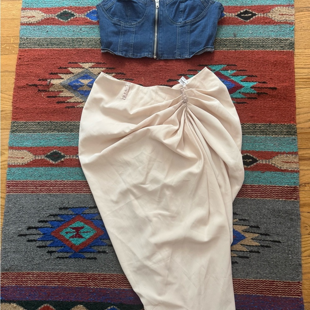Elegant Cream Skirt and Jean Crop Top